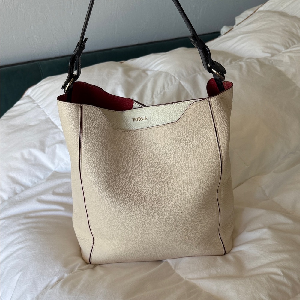 Furla Cream and Burgundy Shoulder Bag